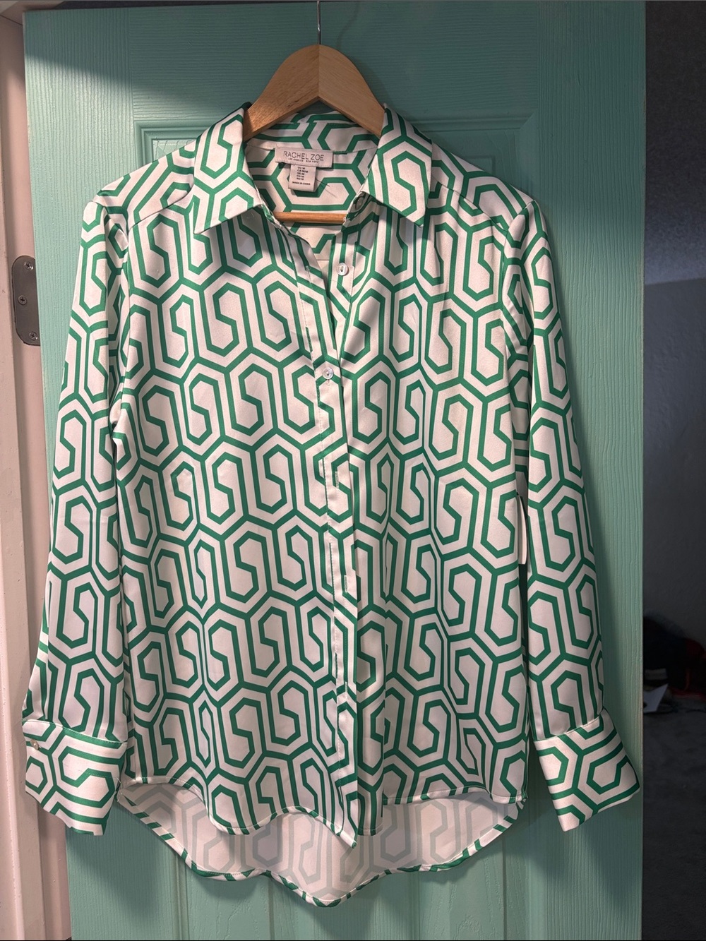 Rachel Zoe White Blouse with Green Geometric Print